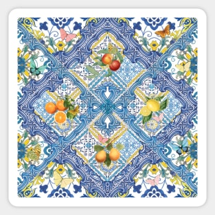 Mediterranean blue tiles, Italian citrus fruit, oranges and lemons Sticker